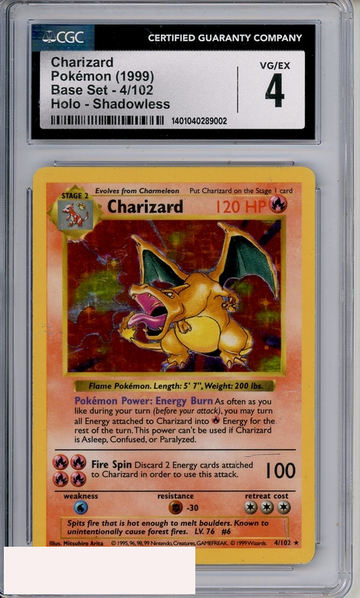 1999 POKEMON BAS SET CHARIZARD #4 HOLO SHADOWLESS CGC 4