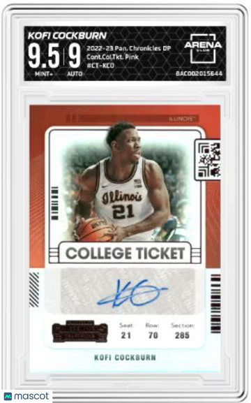 2022-23 Panini Chronicles Draft Picks Kofi Cockburn #CT-KCO Contenders College Ticket Pink Auto Arena Club 9.5 Auto 9