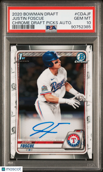 2020 Bowman Draft Chrome Draft Picks Autographs Justin Foscue #CDAJF Autograph PSA 10