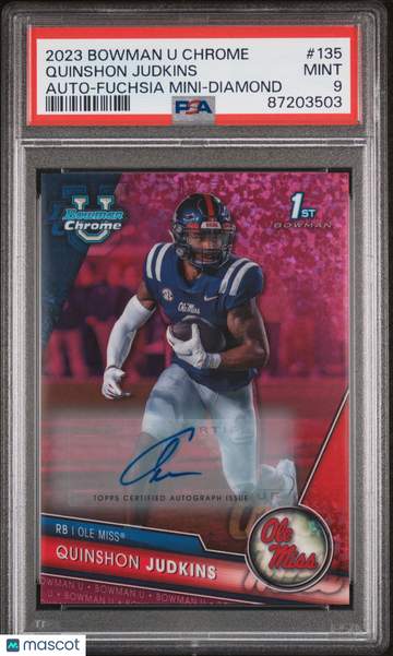 2023 Bowman University Chrome Quinshon Judkins #135 Au Fuchsia Mini D Ref PSA 9