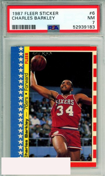 1987 FLEER STICKER CHARLES BARKLEY #6 HOF PHILADELPHIA 76ERS PSA 7 NM