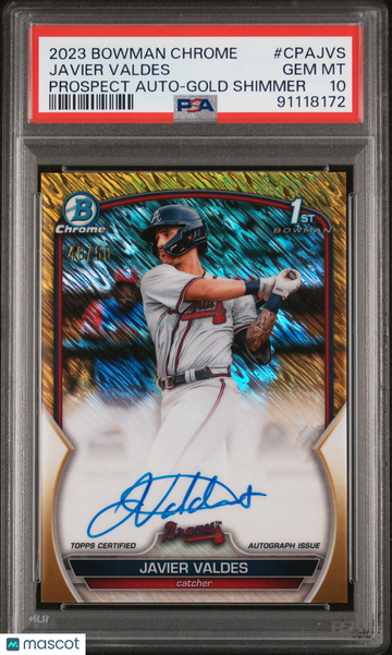 2023 Bowman Chrome Prospect Autographs Javier Valdes #CPAJVS Gold Shimmer /50 PSA 10