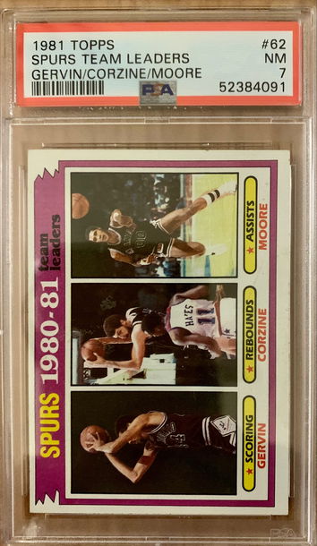 1981 Topps Basketball #62 Spurs Team Leaders Gervin Corzine Moore Grade PSA 7 NM