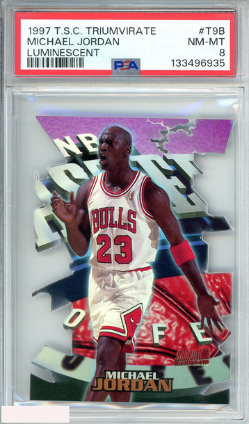 1997 STADIUM CLUB TRIUMVIRATE MICHAEL JORDAN #T9B LUMINESCENT HOF PSA 8 NM-MT