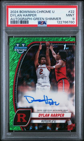 2024 Bowman Chrome University Autograph Green Shimmer Dylan Harper #22 PSA 9