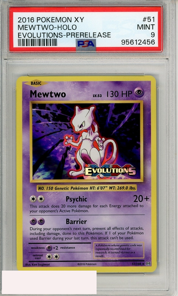 2016 POKEMON XY EVOLUTIONS MEWTWO-HOLO #51 PRERELEASE PSA 9 MINT