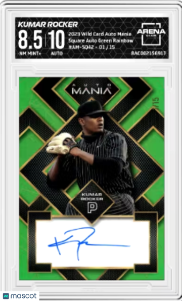 2023 Wild Card Auto Mania Kumar Rocker #AM-SQ42 Square Auto Green Rainbow /15 Arena Club 8.5 Auto 10