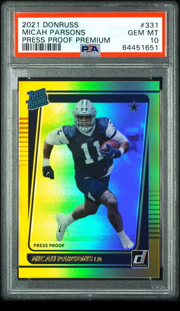 💎🧨 2021 Donruss MICAH PARSONS Press Proof Premium Gold Holo PSA 10 RC  🏈🦁