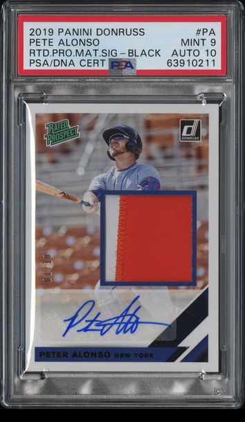 💎2019 Donruss Pete Alonso Rated Prospect Rookie Patch ⬛️ Auto/10 |PSA 9| 1/1 ⚾️ POP 1