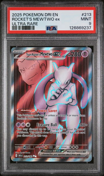2025 Pokemon Destined Rivals Ultra Rare Team Rocket's Mewtwo Ex #213 PSA 9
