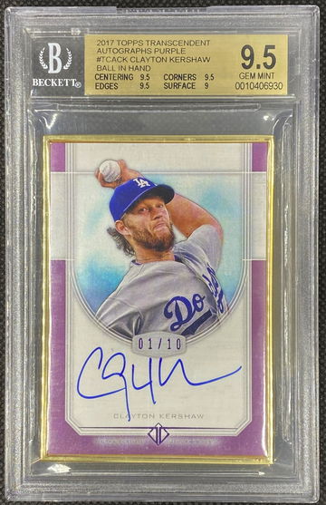 2017 Topps Transcendent Clayton Kershaw Autographs Purple #1/10 BGS 9.5/10 Ball in Hand 
