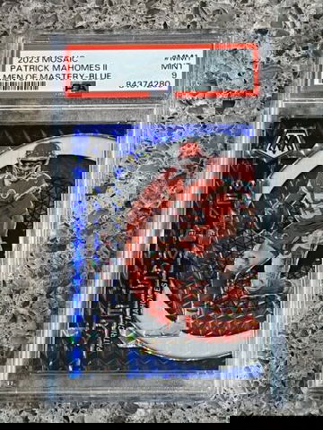 Patrick Mahomes 2023 Panini Mosaic Men of Mastery Blue Prizm #’d/99 PSA 9 MINT