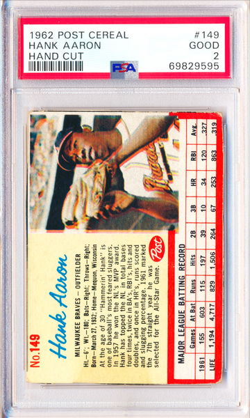 1962 Post Cereal #149 Hank Aaron Hand Cut PSA 2 - JUST GRADED! NEW CASE!