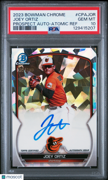 2023 Bowman Chrome Prospect Autographs Joey Ortiz #CPAJOR Atomic Ref /100 PSA 10