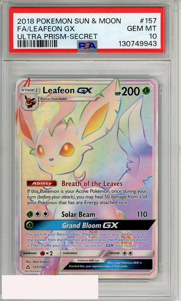 2018 POKEMON SUN MOON ULTRA PRISM FA LEAFEON GX #157 SECRET PSA 10 GEM MT