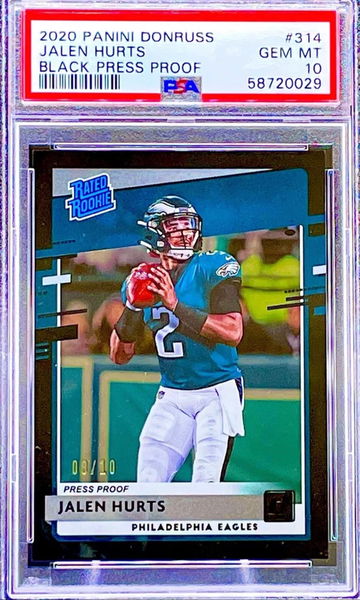 2020 PANINI DONRUSS JALEN HURTS BLACK PRESS PROOF RATED ROOKIE #8/10 PSA 10 GEM MINT #314 SSP POP 1!!