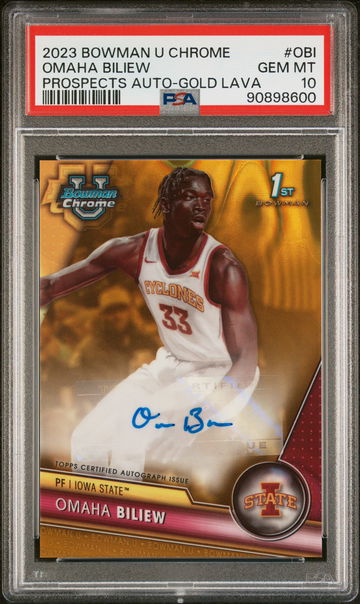 2023 Bowman University Chrome Bowman Chrome Prospects Autographs Prospects Au-Gold Lava Ref Omaha Biliew #OBI /50 PSA 10