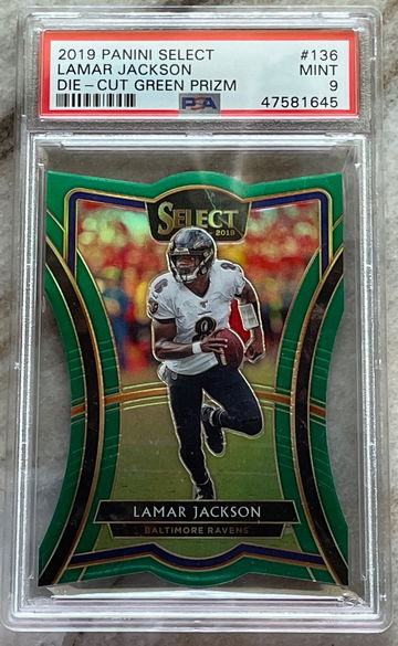 2019 Lamar Jackson Select Die Cut Green Prizm /5 PSA 9