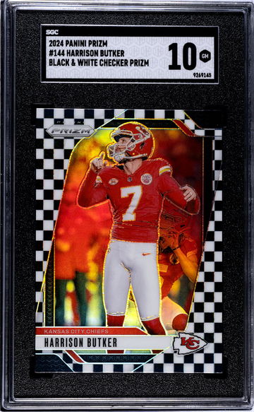2024 Panini Prizm #144 Harrison Butker Black & White Chkr. Prizm SGC 10