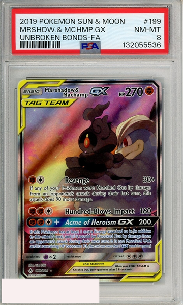 2019 POKEMON SUN MOON UNBROKEN BONDS MRSHDW MCHMP GX #199 FA PSA 8