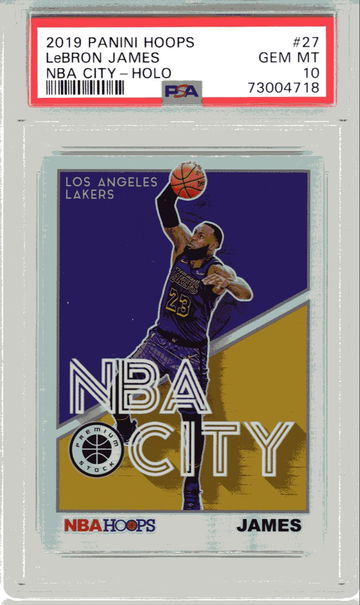 2019-20 Hoops Premium 1st Year Lebron James NBA City Silver Prizim Holo PSA10