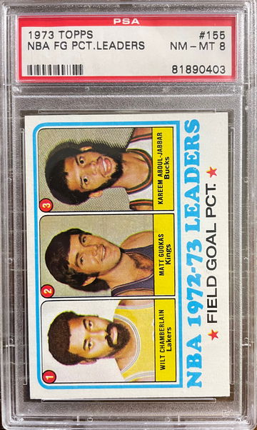 1973 Topps NBA FG PCT Leaders - Wilt Chamberlain Kareem Abdul Jabbar (Lew Alcindor) Matt Guokas PSA 8