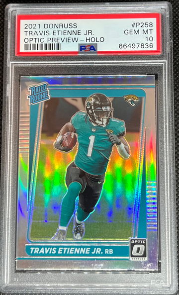 Travis Etienne 2021 Panini Donruss Optic Preview Holo PSA 10