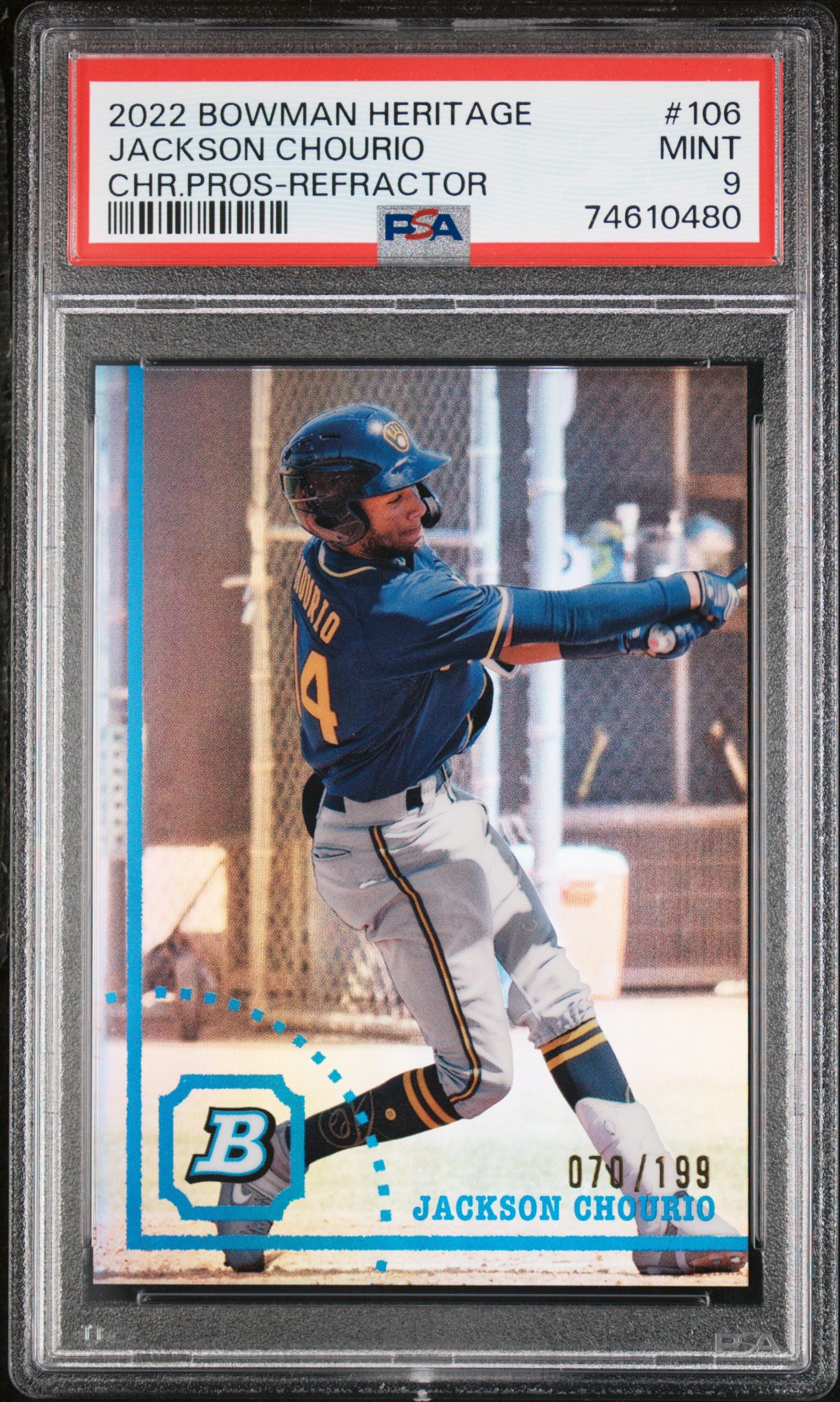 2022 Bowman Heritage Chrome Jackson Chourio #106 /199 Refractor PSA 9