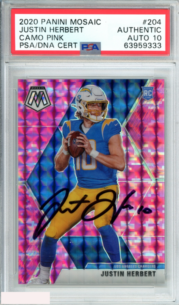 2020 PANINI MOSAIC JUSTIN HERBERT #204 CAMO PINK RC PSA AUTH AUTO GEM MT 10