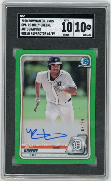 2020 Bowman Chrome CPA-RG Riley Greene Auto Green Refractor #'d 62/99 SGC 10 / 10 GEM MINT Tigers