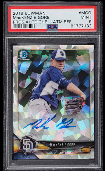 MACKENZIE GORE 2018 Bowman Chrome Auto Atomic Refractor #'d /100 PSA 9 Nationals