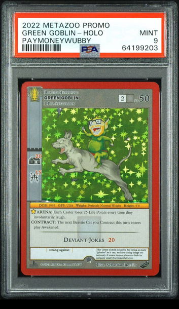 💎🤑 2022 Metazoo Promo GREEN GOBLIN 😈-FULL HOLO PAYMONEYWUBBY 💵🌲 PSA 9 🦁