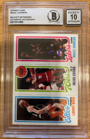 1980 Topps Magic Johnson Autographed Rookie Card RC Reprint w/ Larry Bird Julius Erving Dr J. BAS 10 Auto