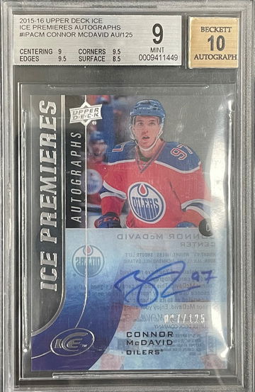Connor McDavid 2015-16 Upper Deck Ice Premieres Auto Rookie RC /125 BGS 9 with 10 auto