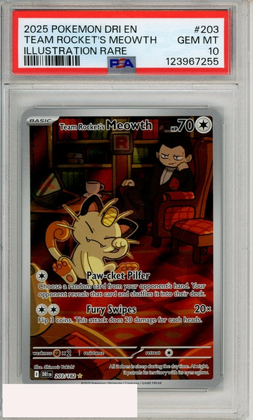 2025 POKEMON DRI EN-DESTINED RIVALS TEAM ROCKETS MEOWTH #203 ILL RARE PSA 10