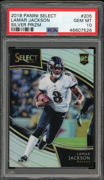 2018 SELECT LAMAR JACKSON FIELD LEVEL SILVER PRIZM RC #205 RAVENS ROOKIE PSA 10