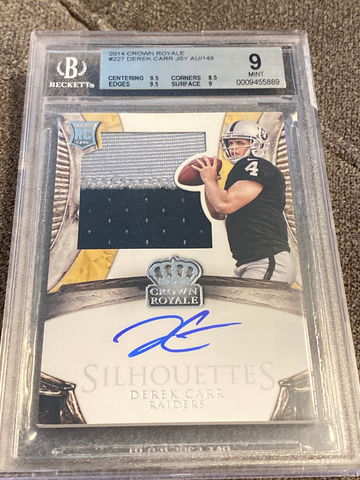 2014 Crown Royale Derek Carr Rookie 2-Color Patch Auto #078/149 BGS 9/10 