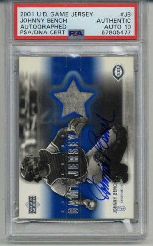 JOHNNY BENCH SIGNED 2001 UPPER DECK GAME JERSEY PSA/DNA AUTO GRADE 10 RARE