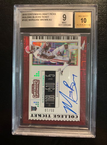 2019 Contenders Cracked Ice Auto  # 05/10 “jersey number” Marquise “Hollywood” Brown BGS 9 w/ 10 Auto