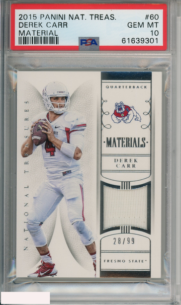2015 PANINI NATIONAL TREASURES MATERIAL DEREK CARR #60 MATERIAL PSA 10 POP 1