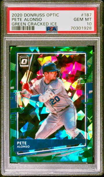 2020 PANINI DONRUSS OPTIC FOTL PETE ALONSO GREEN CRACKED ICE 3/7 PSA 9 MINT SSP
