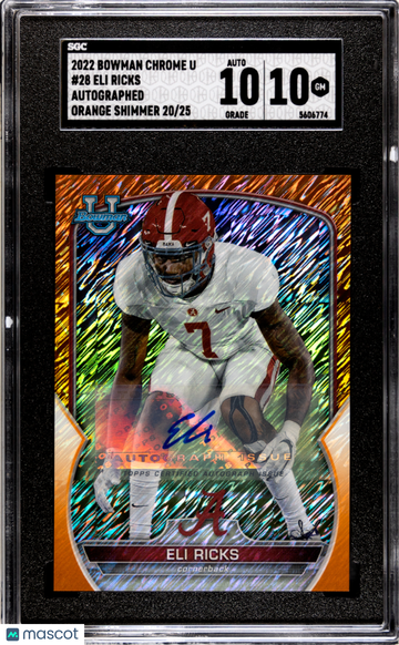 2022 Bowman University Chrome Eli Ricks #28 Autograph Orange Shim. Refractor /25 SGC 10 Auto 10