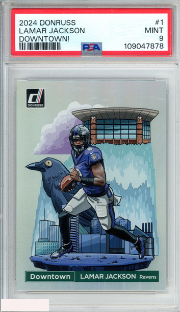 2024 PANINI DONRUSS DOWNTOWN! LAMAR JACKSON #1 RAVENS PSA 9 MINT