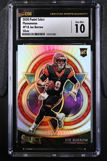 2020 Panini Select Joe Burrow Rookie Phenomenon Silver Prizm CSG 10