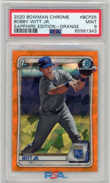2020 Bowman Chrome Bobby Witt Jr. Sapphire Edition Orange Refractor #'d /75 PSA 9 MINT BCP25 Royals