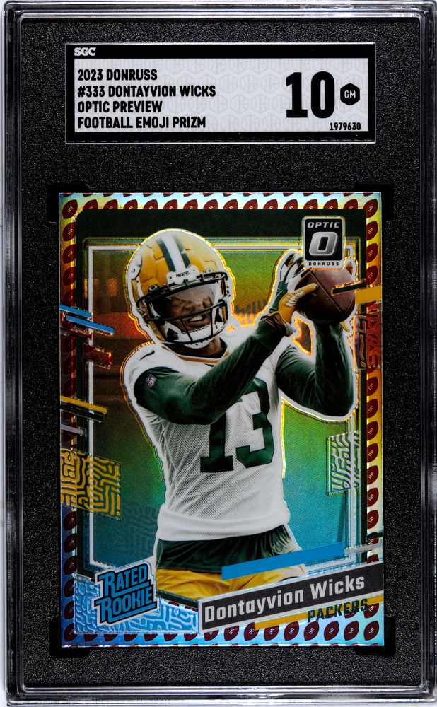 Dontayvion Wicks 2023 Donruss Optic Preview Football Emoji Prizm SP SGC10 GEM MT