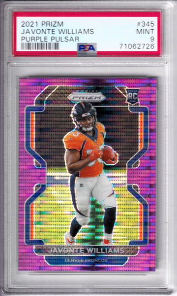 2021 Panini Prizm Purple Pulsar Javonte Williams Denver Broncos #345 RC PSA 9