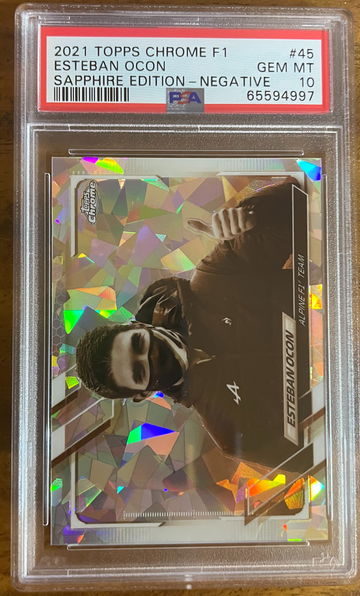 2021 TOPPS CHROME F1 SAPPHIRE ESTEBAN OCON #45 NEGATIVE REFRACTOR SP /100 PSA 10 GEM MINT