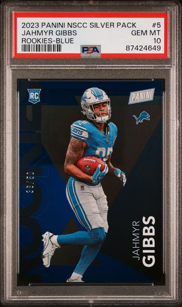 2023 PANINI NATIONAL SILVER PACKS JAHMYR GIBBS BLUE #5 RC ROOKIE #/50 PSA 10