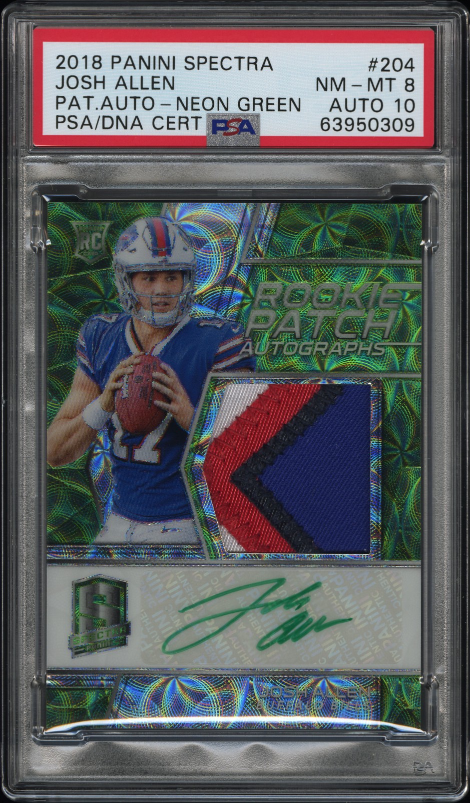 2018 Panini Spectra Josh Allen RPA Neon Green /60 #204 PSA 8